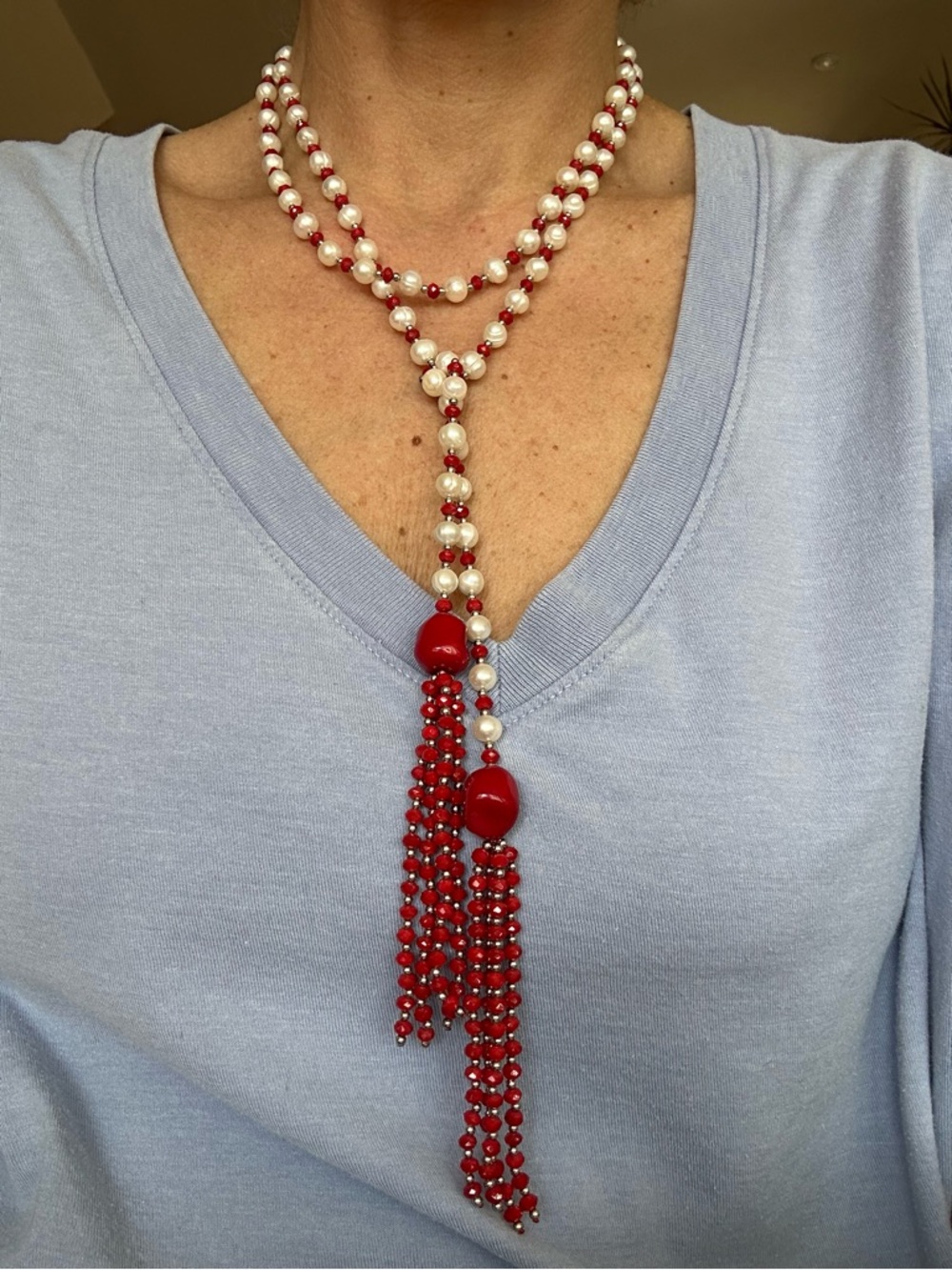 Elegant Red and Freshwater Pearl Beaded Lariat Necklace